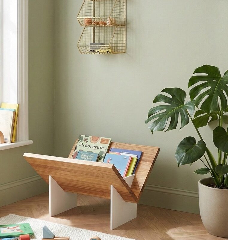 Porte-revues Raphaël bois upcyclé et corian blanc